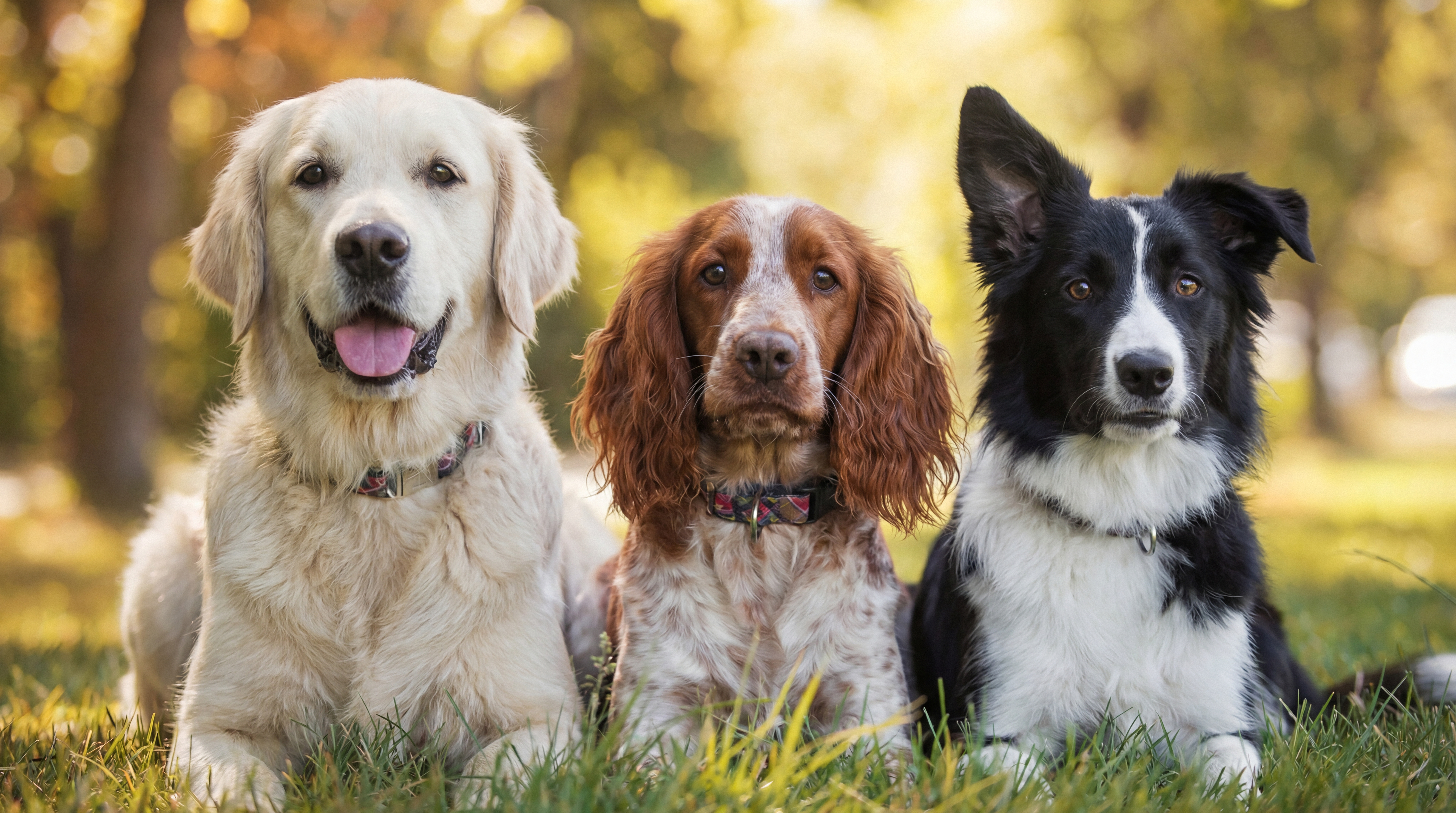 Golden retriever, spaniel, and border collie sitting together in a sunlit field
