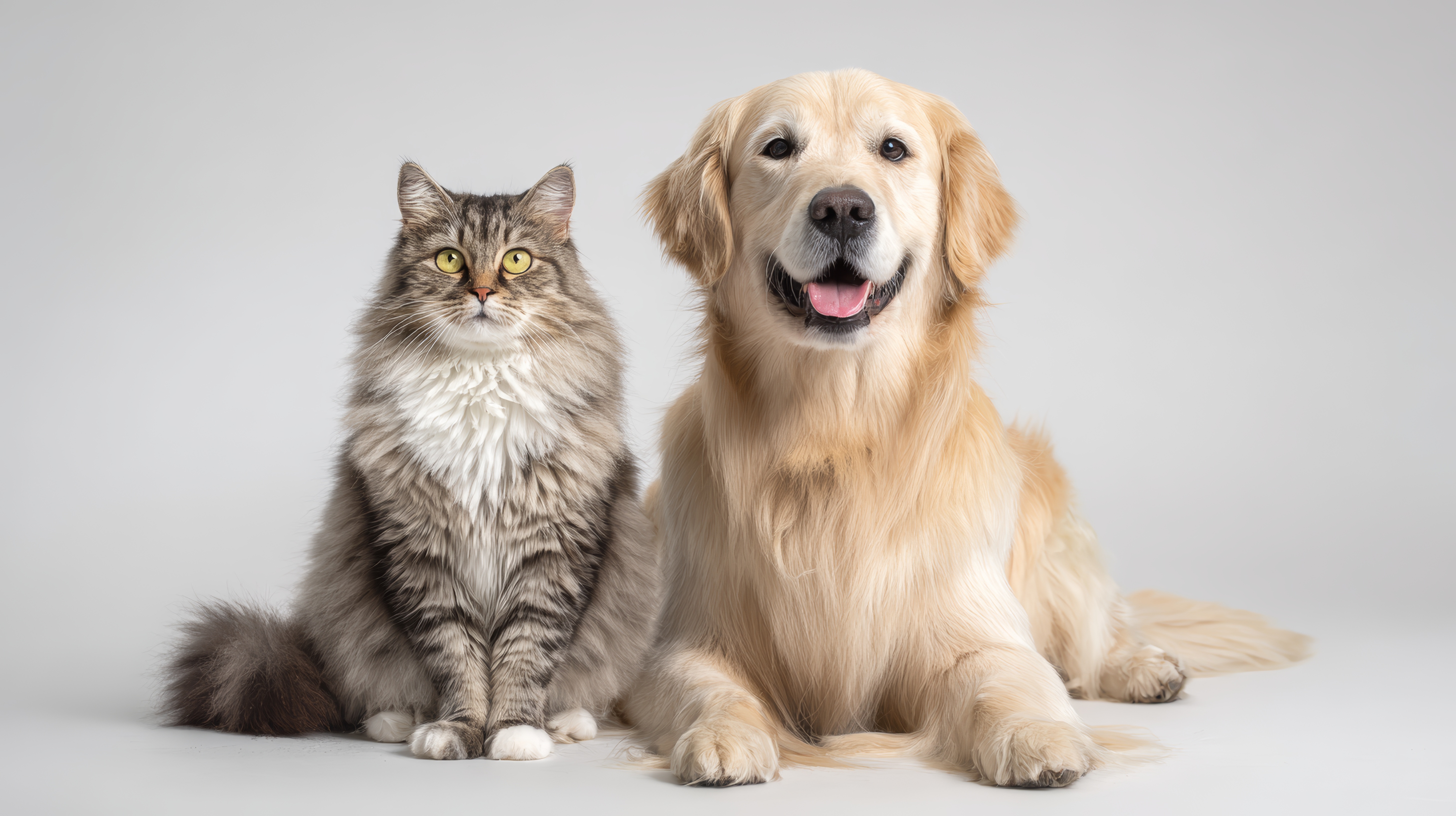 Golden retriever and Maine Coon cat resting together on a clean white background