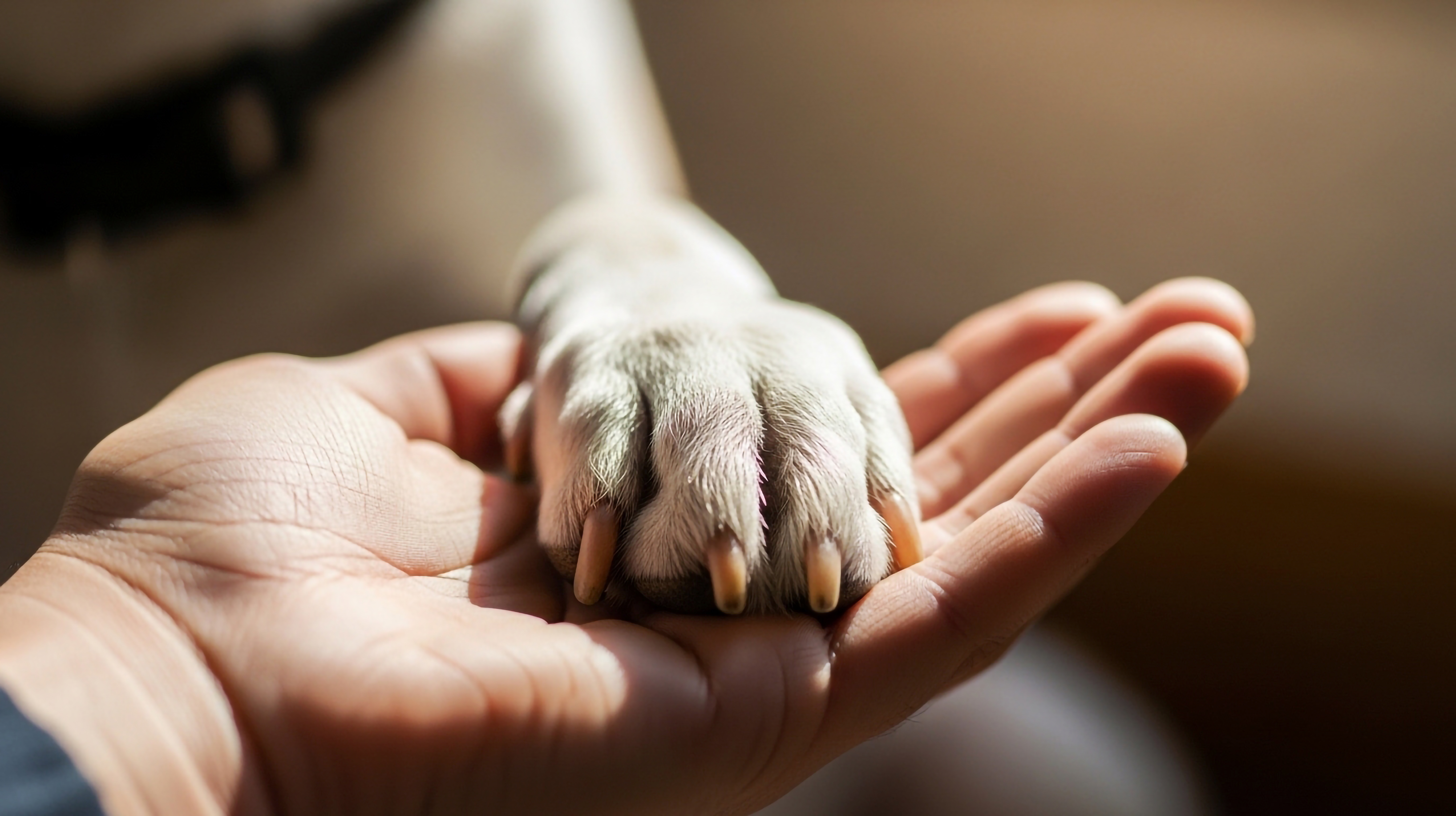 A dog's paw resting gently in a human hand